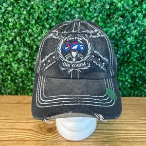NWOT Live Fast Die Young Charcoal Denim Distressed Studded Cap Hat Motorcycle